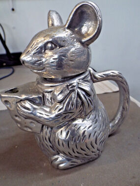 Vintage Mouse Pitcher holding Cheese Figural Cast Metal Pewter Tone marked CBK